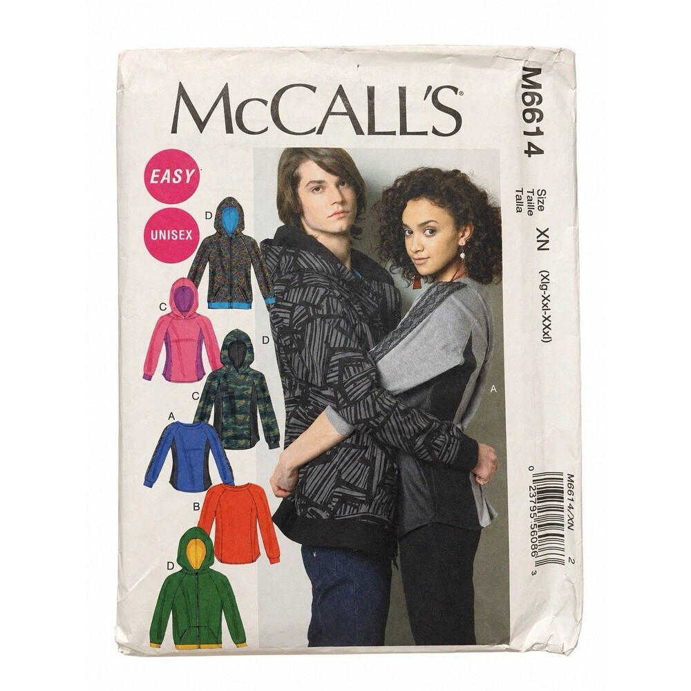 McCall’s M6614 Unisex Tops Jacket Hoodie Sewing Pattern XL XXL XXXL Uncut